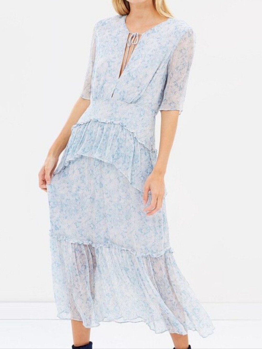 Stevie May Iris Tiered Midi Chiffon Floral Dress XS Ruffle Romantic Whimsical
